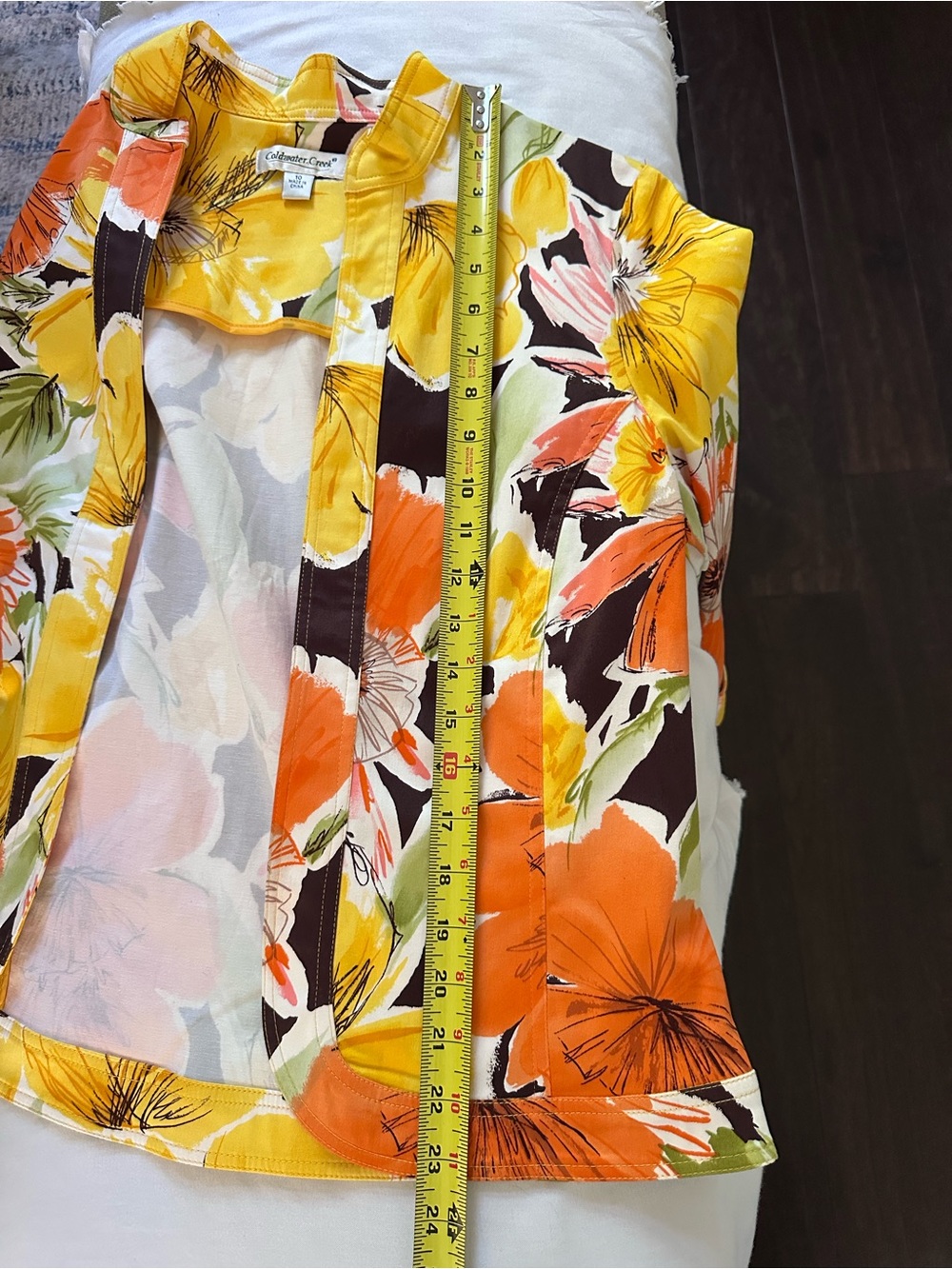 Coldwater Creek Floral Open Front Jacket Cotton Stretch Yellow Orange Size 10 - Picture 7 of 8